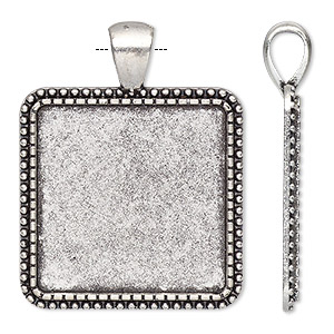 Pendant, antique silver-finished &quot;pewter&quot; (zinc-based alloy), 38x30mm single-sided square with beaded design and 25mm non-calibrated square setting. Sold individually.