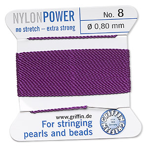 Thread, nylon, amethyst purple, size #8. Sold per 2-meter card (approximately 78 inches).
