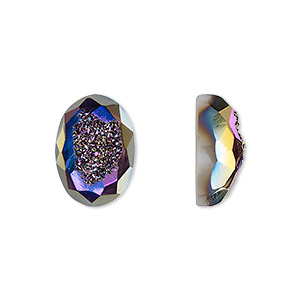 Cabochon, druzy agate (coated), purple and green, 14x10mm hand-cut loosely calibrated faceted oval, B grade, Mohs hardness 7. Sold individually.