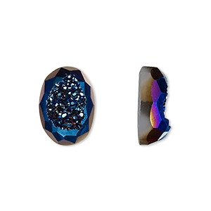 Cabochon, druzy agate (coated), blue, 14x10mm hand-cut loosely calibrated faceted oval, B grade, Mohs hardness 7. Sold individually.