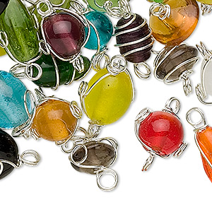 Link mix, glass and silver-finished &quot;pewter&quot; (zinc-based alloy), mixed opaque and translucent colors, 7x4mm-16x3mm wire-wrapped mixed shapes. Sold per 100-gram pkg, approximately 50-75 links.