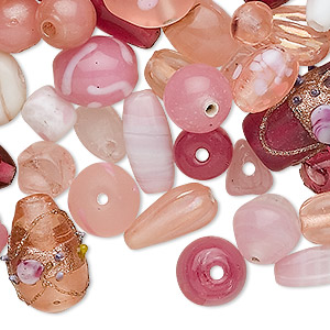 Bead mix, lampworked glass, pink, 6x6mm-13x11mm mixed shape. Sold per 100-gram pkg, approximately 50-75 beads.