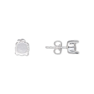Earstud, silver-plated brass and steel, 6mm with post and SS29 4-prong chaton setting, 21 gauge. Sold per pkg of 2 pairs.