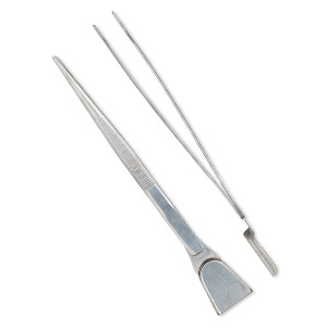 Tweezers with scoop, stainless steel, 6-1/2 inches with 1-1/8 x 1-inch scoop and 5-1/4 inch tweezer with 1.8mm tip width. Sold individually.