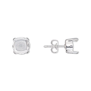 Earstud, silver-plated brass and steel, 8mm with post and SS39 4-prong chaton setting, 21 gauge. Sold per pkg of 2 pairs.