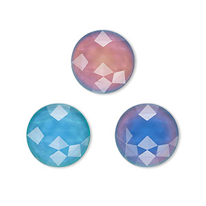 Cabochon, acrylic, multicolored, 14mm color-changing non-calibrated faceted round. Sold per pkg of 4.
