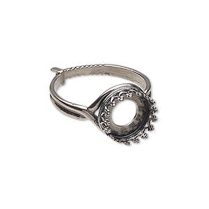 Ring, JBB Findings, antiqued sterling silver, 12mm wide with decorative trim and 10mm round bezel setting, adjustable from size 6-8. Sold individually.
