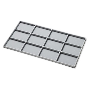 Tray insert, flocked velveteen, grey, 14 x 7-3/4 x 1/2 inch rectangle with (12) 3-1/4 x 2-1/4 inch compartments. Sold per pkg of 2.