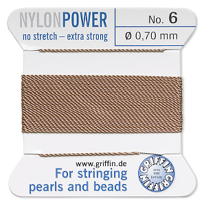 Thread, nylon, beige, size #6. Sold per 2-meter card (approximately 78 inches).