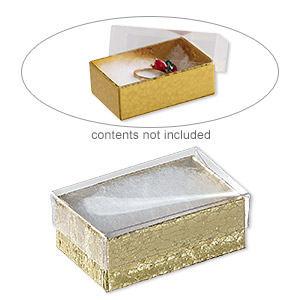 Box, plastic and paper, cotton-filled, gold and clear, 2-5/8 x 1-1/2 x 1-inch rectangle. Sold per pkg of 10.