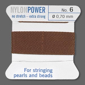 Thread, nylon, brown, size #6. Sold per 2-meter card (approximately 78 inches).