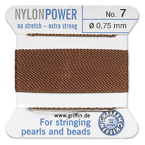 Thread, nylon, brown, size #7. Sold per 2-meter card (approximately 78 inches).