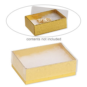 Box, plastic and paper, &quot;cotton&quot;-filled, gold and clear, 3-1/4 x 2-1/4 x 1-inch rectangle. Sold per pkg of 10.