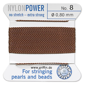 Thread, nylon, brown, size #8. Sold per 2-meter card (approximately 78 inches).