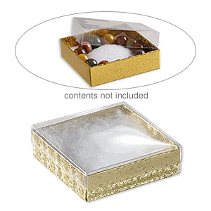 Box, plastic and paper, &quot;cotton&quot;-filled, gold and clear, 3-1/2 x 3-1/2 x 1-inch square. Sold per pkg of 10.