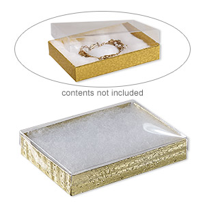 Box, plastic and paper, cotton-filled, gold and clear, 5-3/8 x 3-7/8 x 1-inch rectangle. Sold per pkg of 10.