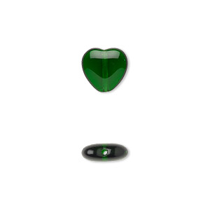 Bead, Czech pressed glass, emerald green, 10x9.5mm heart. Sold per 15-1/2&quot; to 16&quot; strand, approximately 45 beads.