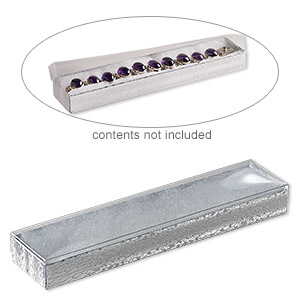 Box, plastic and paper, cotton-filled, silver and clear, 8-1/8 x 1-7/8 x 7/8 inch rectangle. Sold per pkg of 10.