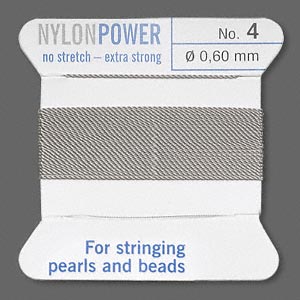 Thread, nylon, grey, size #4. Sold per 2-meter card (approximately 78 inches).