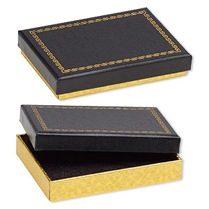 Box, paper and velvet, black and gold, 3-1/2 x 2-1/2 x 5/8 inch rectangle. Sold per pkg of 6.