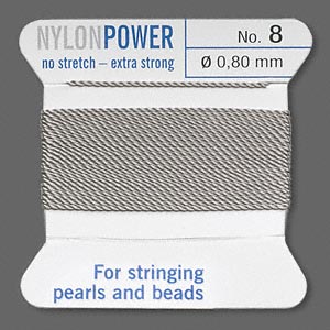 Thread, nylon, grey, size #8. Sold per 2-yard card.