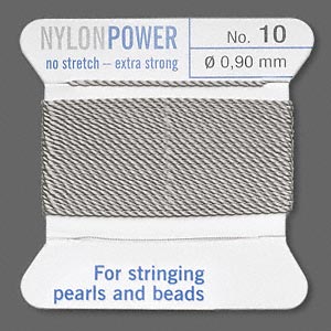 Thread, nylon, grey, size #10. Sold per 2-meter card (approximately 78 inches).