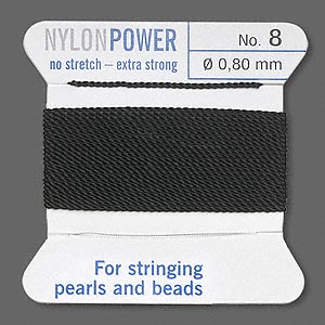 Thread, nylon, black, size #8. Sold per 2-yard card.