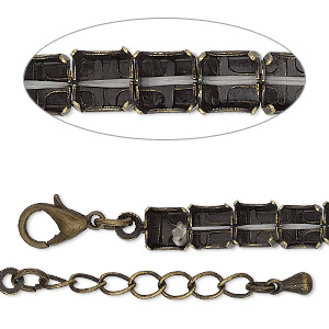 Bracelet component, antique brass-finished brass and steel, 6mm wide cupchain with (25) SS29 rivoli settings, 7 inches with 1-inch extender chain and lobster claw clasp. Sold individually.