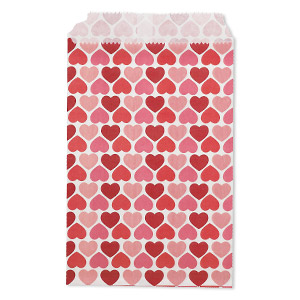Bag, paper, white / pink / red, 6x4 inches with heart design and scalloped top edge. Sold per pkg of 100.