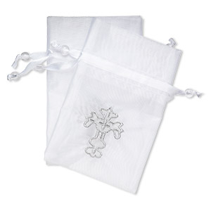 Pouch, satin / organza / acrylic, silver / clear / white, 4-3/4  x 3-1/4 inch rectangle with embroidered cross and drawstring closure with 8mm round bead. Sold per pkg of 2.