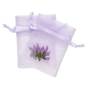 Pouch, satin and organza, purple and green, 4x3-inch rectangle with embroidered lavender and drawstring closure. Sold per pkg of 2.