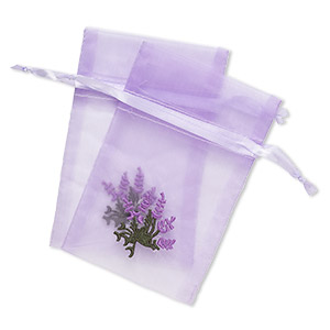 Pouch, satin and organza, purple and green, 6x4-inch rectangle with embroidered lavender and drawstring closure. Sold per pkg of 2.