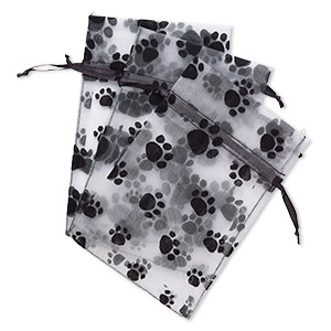 Pouch, satin and flocked organza, grey and black, 6x4-inch rectangle with paw prints and drawstring closure. Sold per pkg of 3.
