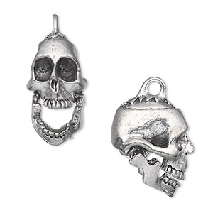 Charm, antiqued pewter (tin-based alloy), 20x17mm 3D skull with hinged jaw. Sold per pkg of 2.