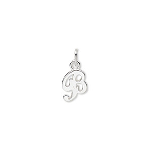 Charm, sterling silver, 9x7mm Champagne cursive alphabet letter &quot;B.&quot; Sold individually.