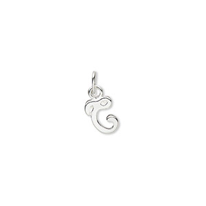 Charm, sterling silver, 8x7mm Champagne cursive alphabet letter &quot;C.&quot; Sold individually.