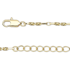 Chain, gold-finished brass, 2mm oval and twisted flat rectangle, 16 inches with 1-1/4 inch extender chain and lobster claw clasp. Sold individually.