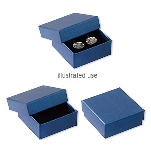 Box, necklace / earring / ring, paper and flocked velveteen, blue and black, 3-1/4 x 3-1/4 x 1-3/8 inch textured square with padded foam insert. Sold per pkg of 6.