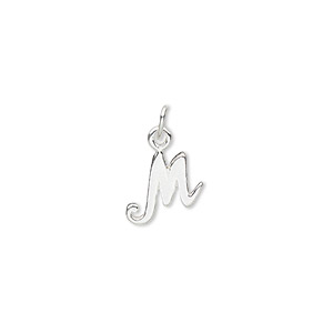 Charm, sterling silver, 9mm Champagne cursive alphabet letter &quot;M.&quot; Sold individually.