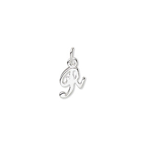 Charm, sterling silver, 9x7mm Champagne cursive alphabet letter &quot;R.&quot; Sold individually.