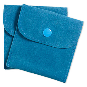 Pouch, velveteen and plastic, blue, 3-inch square with snap closure. Sold per pkg of 2.