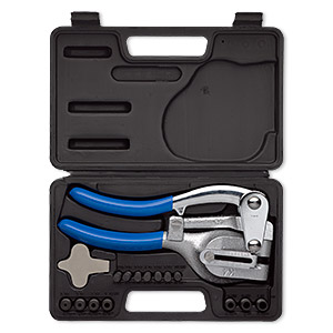 Pliers, hole punch, steel and plastic, blue and black, 8-1/2 x 4 inch with 7 changeable die and 7 changeable punches, 9 x 5-3/4 inch storage case. Sold per set.