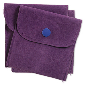 Pouch, velveteen and plastic, purple, 3-inch square with snap closure. Sold per pkg of 2.