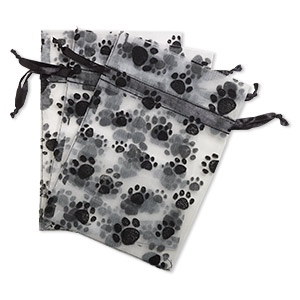 Pouch, satin and flocked organza, grey and black, 7x5-inch rectangle with paw prints design and drawstring. Sold per pkg of 3.