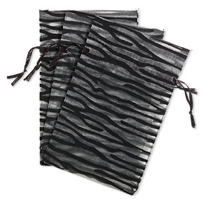 Pouch, satin and flocked organza, grey and black, 6x4-inch rectangle with zebra design and drawstring. Sold per pkg of 3.