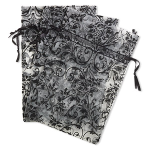 Pouch, satin and flocked organza, grey and black, 6x4-inch rectangle with damask design and drawstring. Sold per pkg of 3.