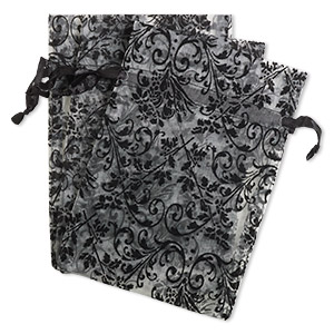 Pouch, satin and flocked organza, grey and black, 7x5-inch rectangle with damask design and drawstring. Sold per pkg of 12.
