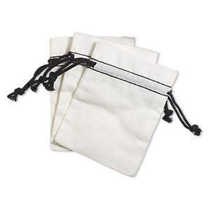 Pouch, cotton, black and white, 4x3-inch rectangle with drawstring. Sold per pkg of 3.