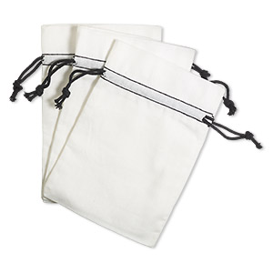 Pouch, cotton, black and white, 6x4-inch rectangle with drawstring. Sold per pkg of 3.