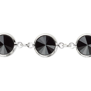 Chain, crystal and silver-plated brass, Crystal Passions&reg;, jet, 12mm faceted rivoli. Sold per pkg of 18 inches, approximately 20 links.
